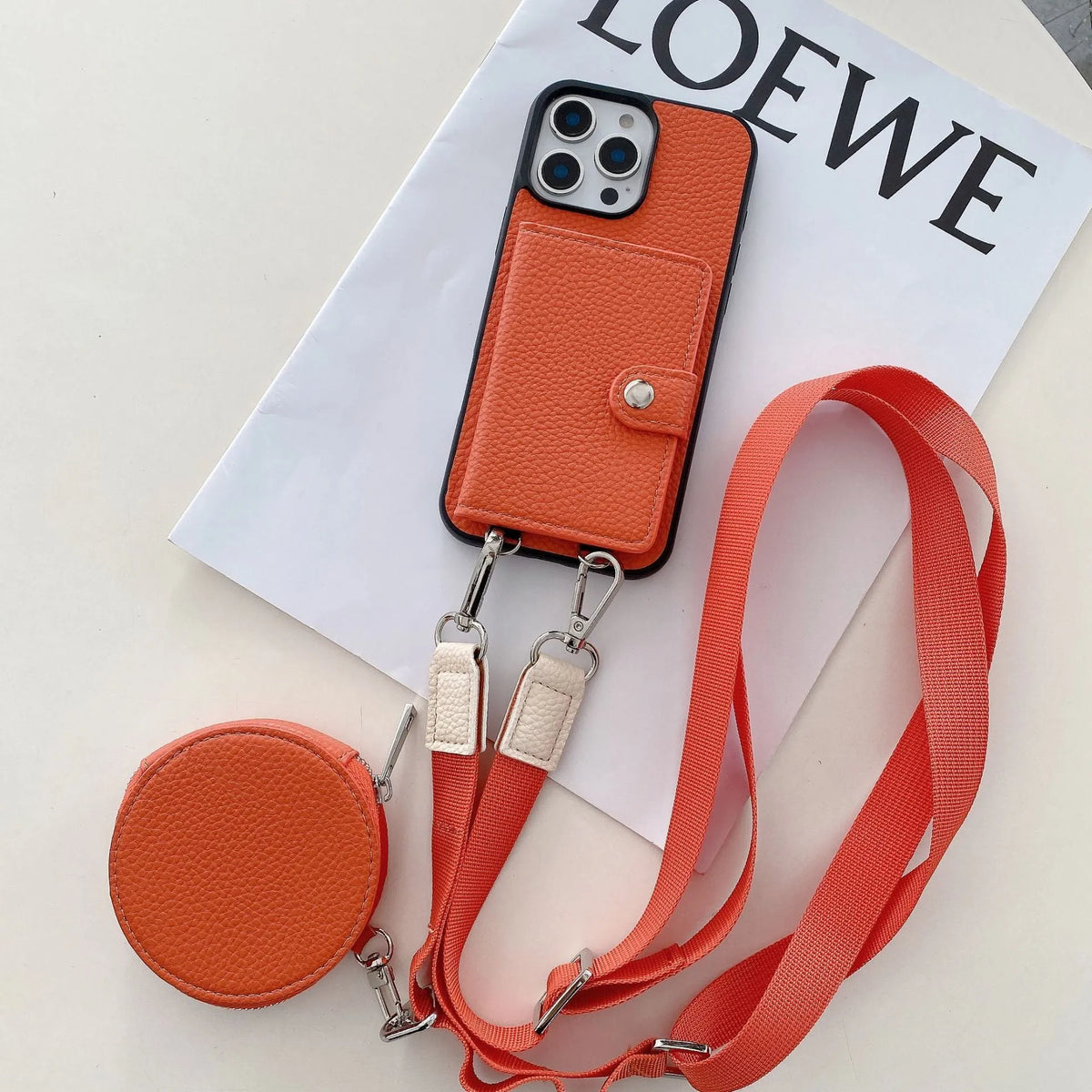 Black PC leather card holder phone case for iPhone with lanyard loop and card slots visible.
