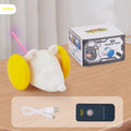 Electric self-moving cat toy mouse in blue technical design with remote control on hard floor surface