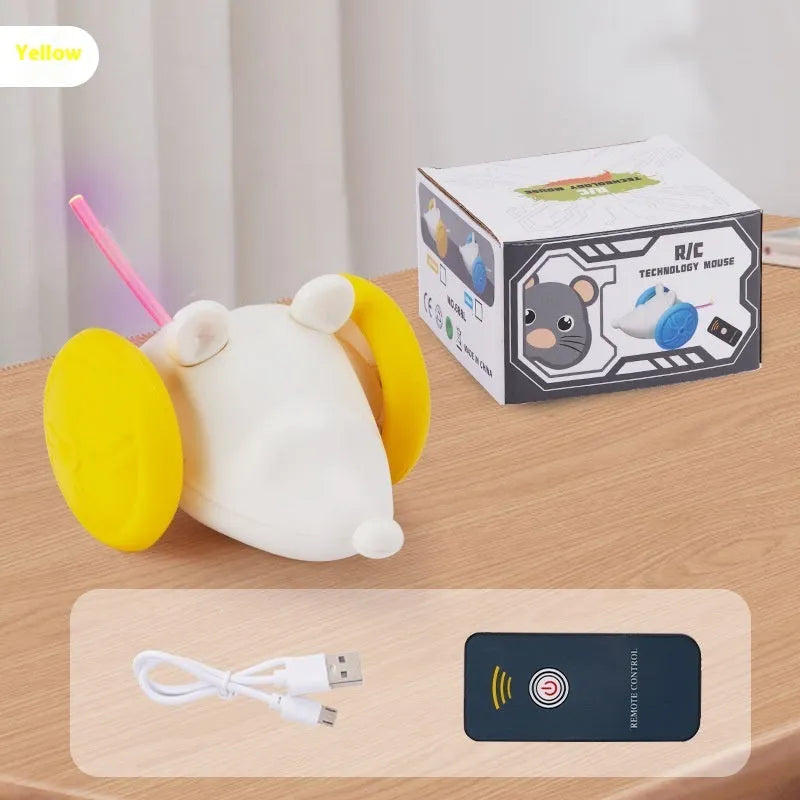Electric self-moving cat toy mouse in blue technical design with remote control on hard floor surface