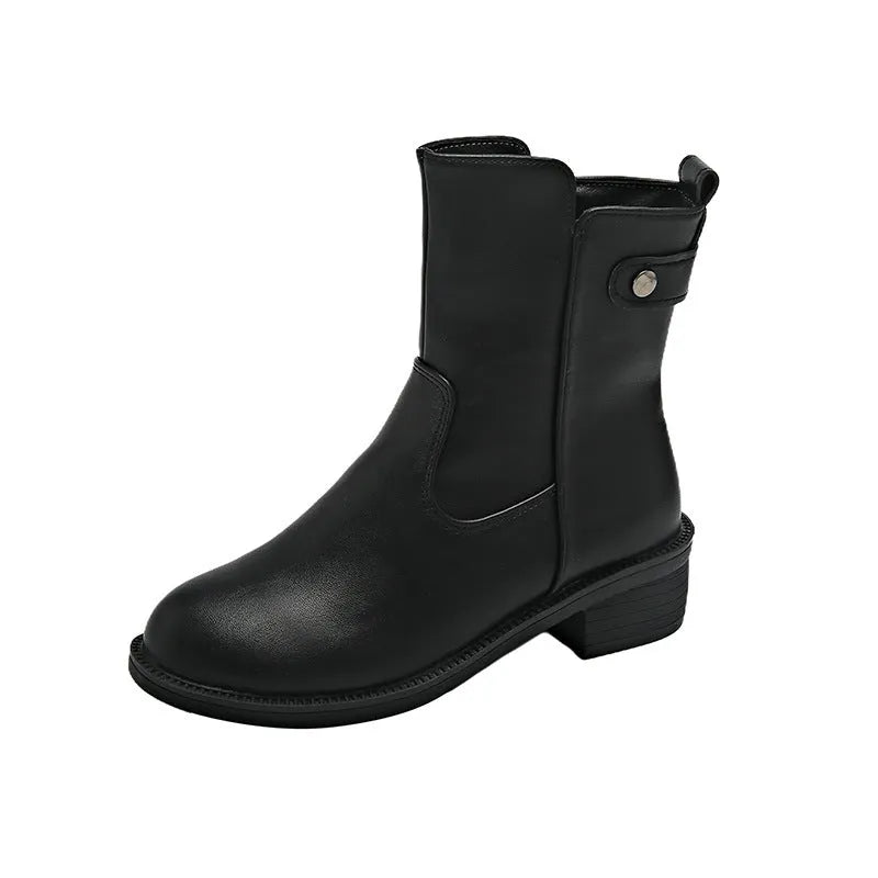 Black women's ankle boots with side zip, round toe, and a low rubber sole.