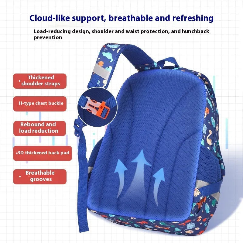 Children's waterproof school backpack with spine protection in sapphire blue dinosaur colour with curved shoulder straps