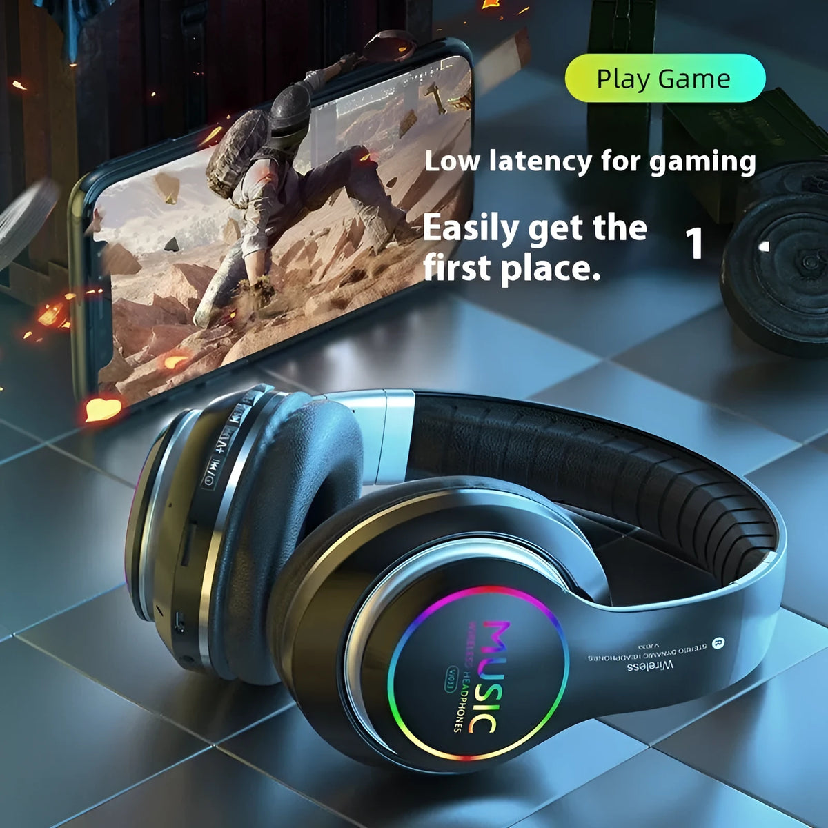 Wireless sports Bluetooth headphones in cool black, head-mounted over-ear design with metal stereo and low latency mode.
