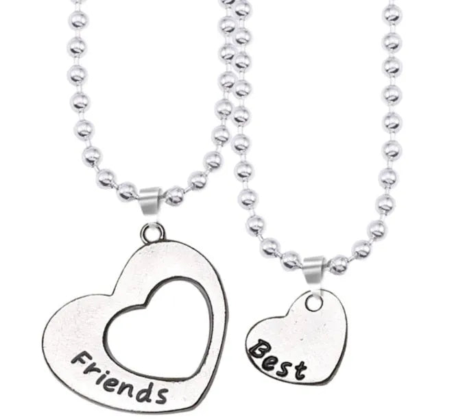 Two-piece silver alloy necklace set with heart-shaped pendants and cross chains in a love design
