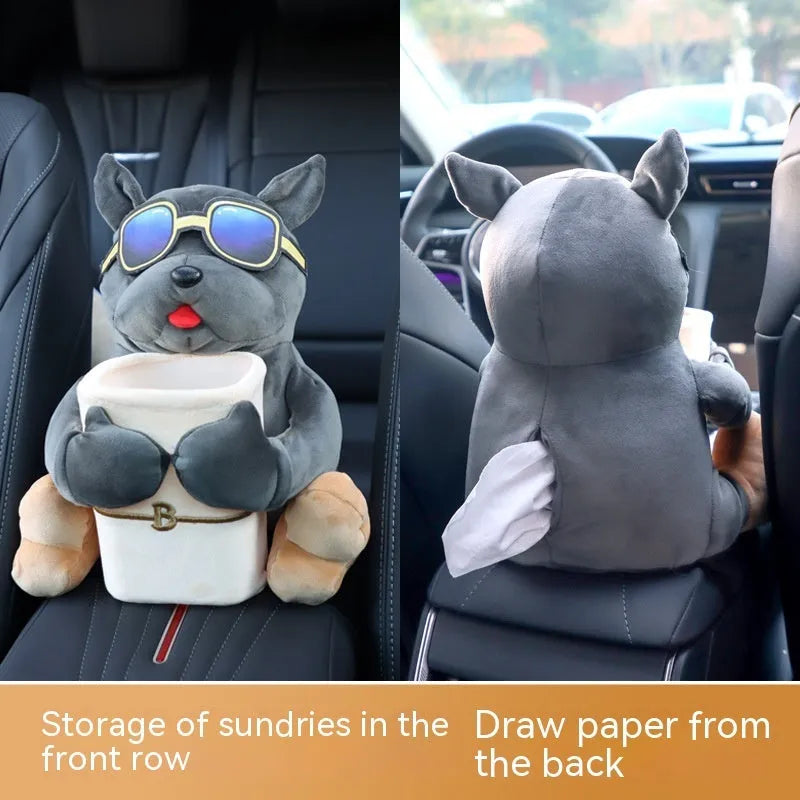 Men's car tissue box with plush fabric hanging from vehicle armrest showing character design options