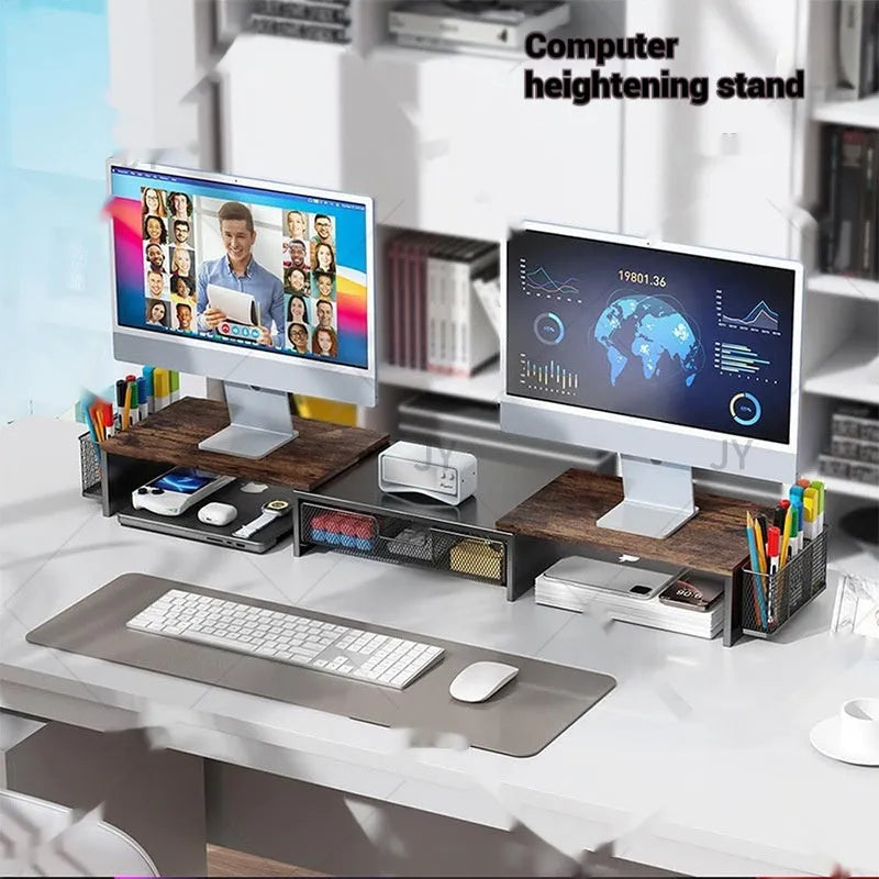Dual-station desktop monitor elevated rack in carbon steel with retractable design