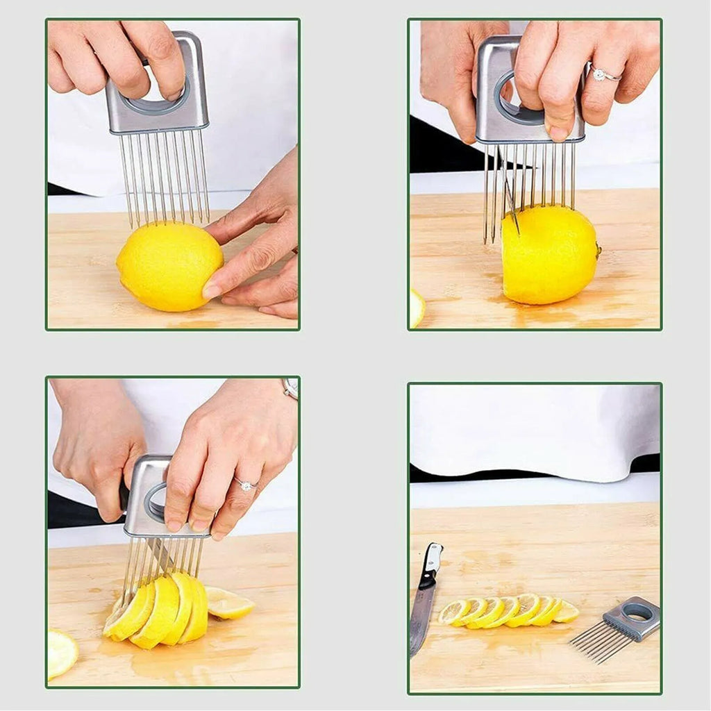 Stainless steel onion holder slicer with sharp prongs and a red finger guard on a kitchen counter.