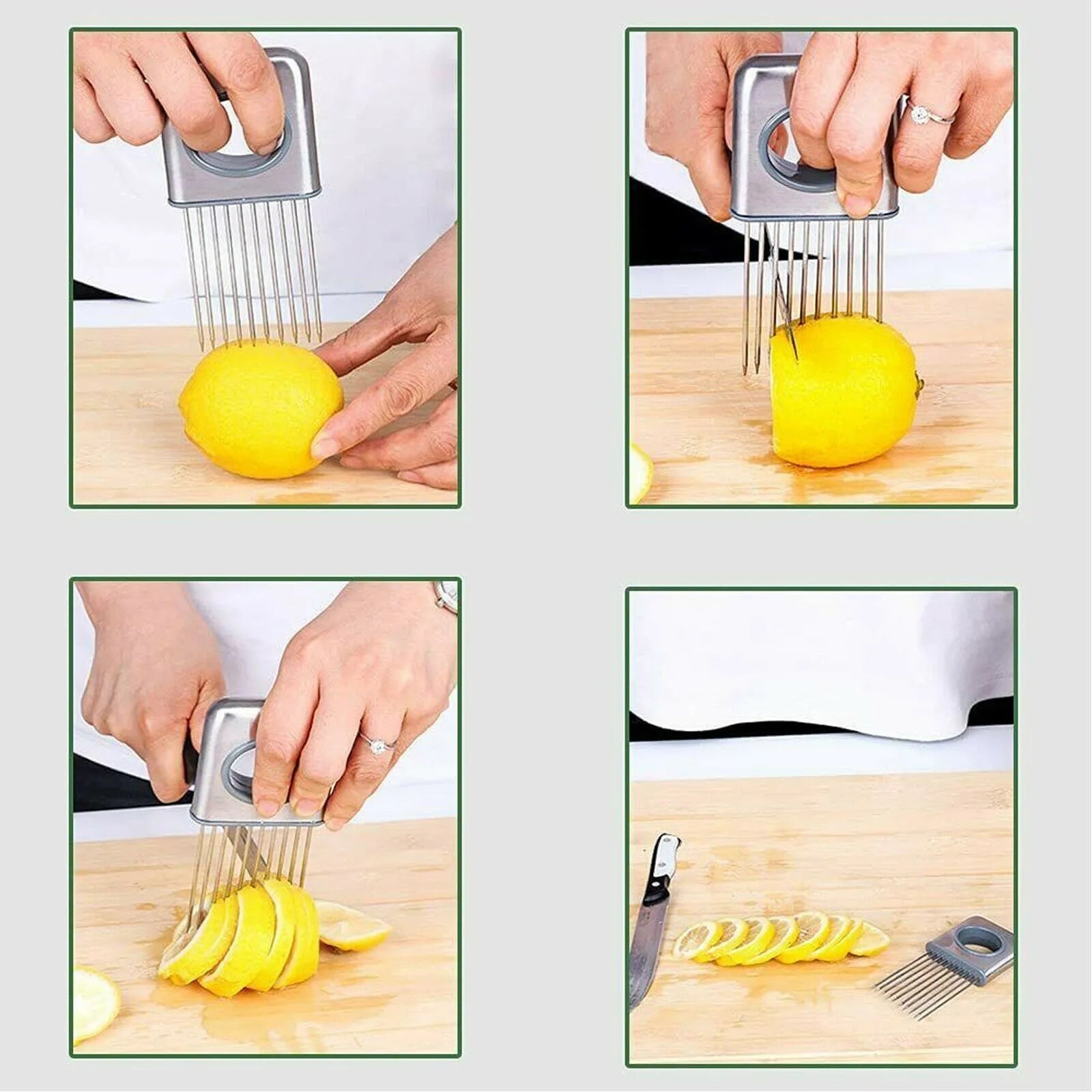 Stainless steel onion holder slicer with sharp prongs and a red finger guard on a kitchen counter.