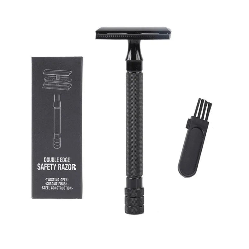 Old-fashioned manual pogonotomy metal scraper with brush set in black or silver colour