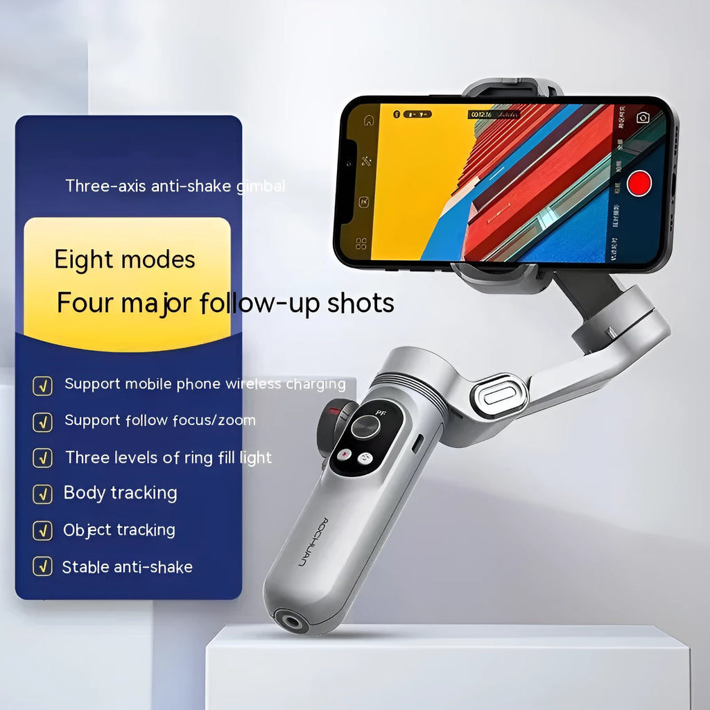 Silver grey Pro Mobile PTZ three-axis smartphone stabiliser gimbal with tripod extension and storage case