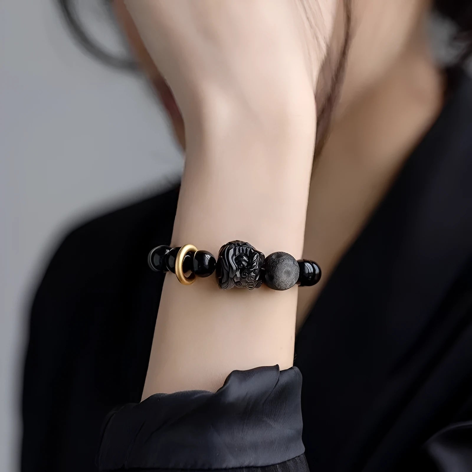 Close-up of a S519 colour resin adjustable bracelet on a wrist.