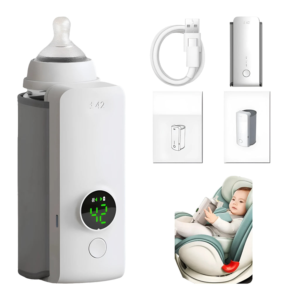 Grey portable USB rechargeable baby bottle warming bag with wrap-around design.