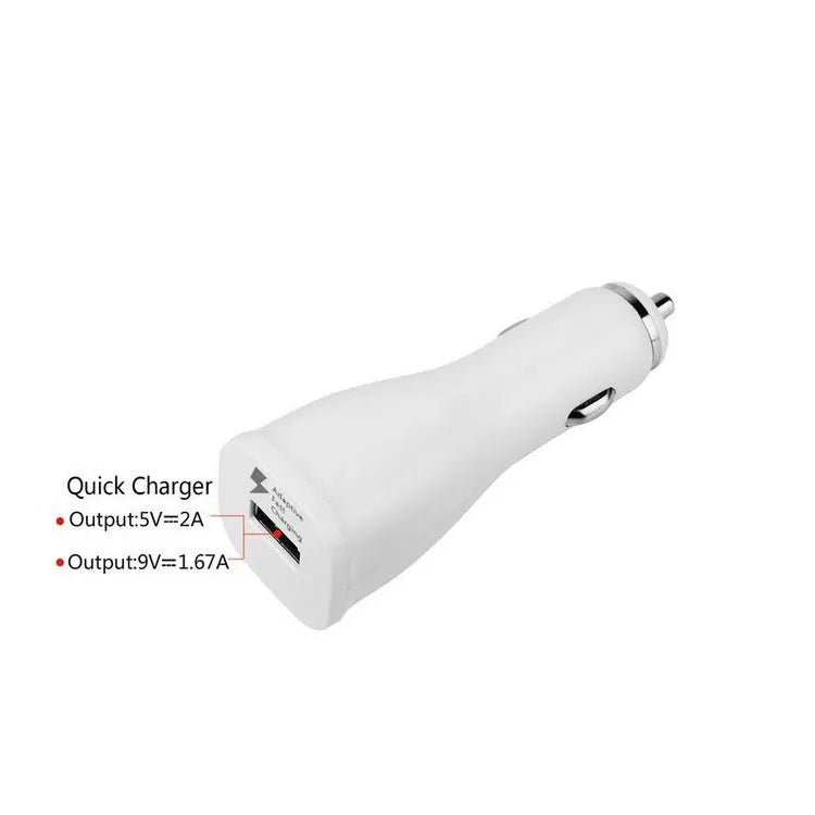 White single-port USB car fast charger with QC2.0 certification, compact rectangular design