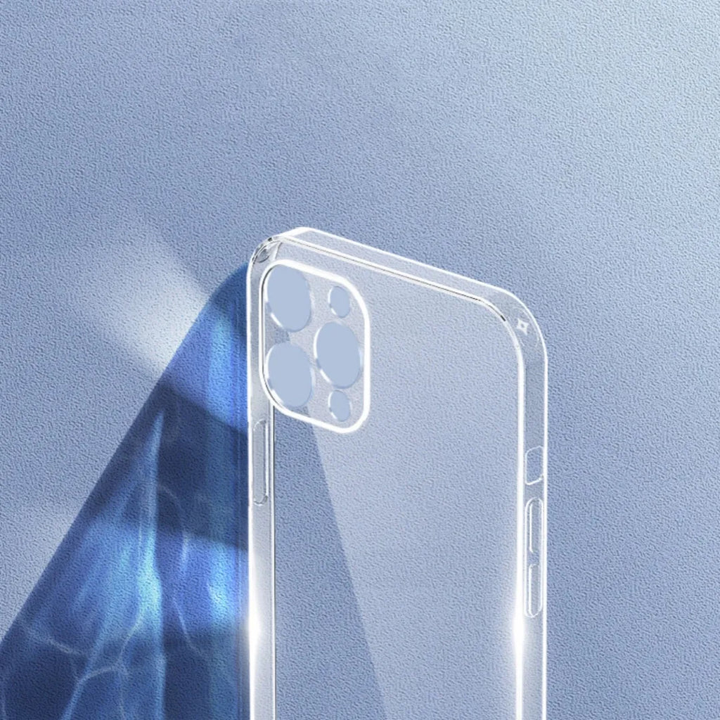 Transparent TPU phone case for iPhone, soft back cover, clear design, compatible with iPhone 11 to 15 and older models.