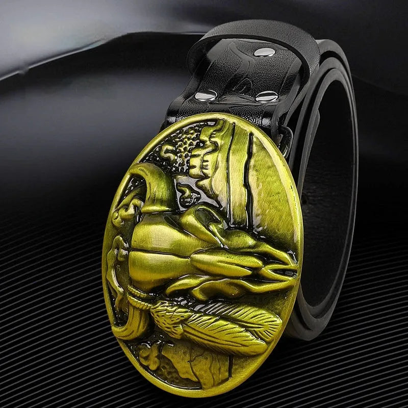 Men's black imitation leather belt with cow head alloy buckle, showing carving and embossing details, length 125cm
