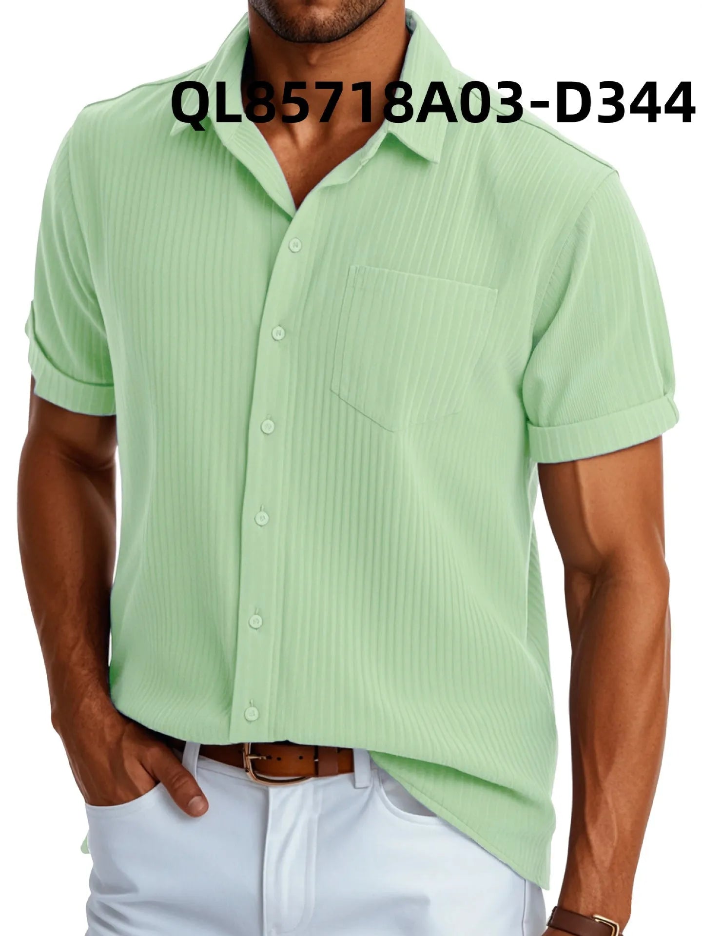 Men's loose fit black short sleeve casual shirt with a white printed lapel detail on a hanger.