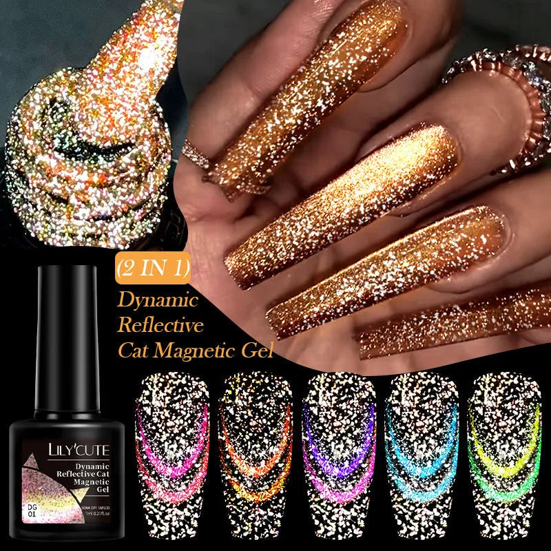 Diamond In The Debris Cat Eye Series nail polish gel bottles showing magnetic cat eye effect with glitter and fragments