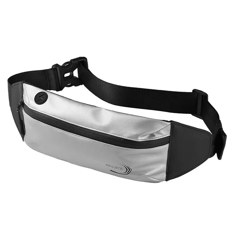 Men's blue waterproof sports waist bag showing 45cm length and adjustable strap