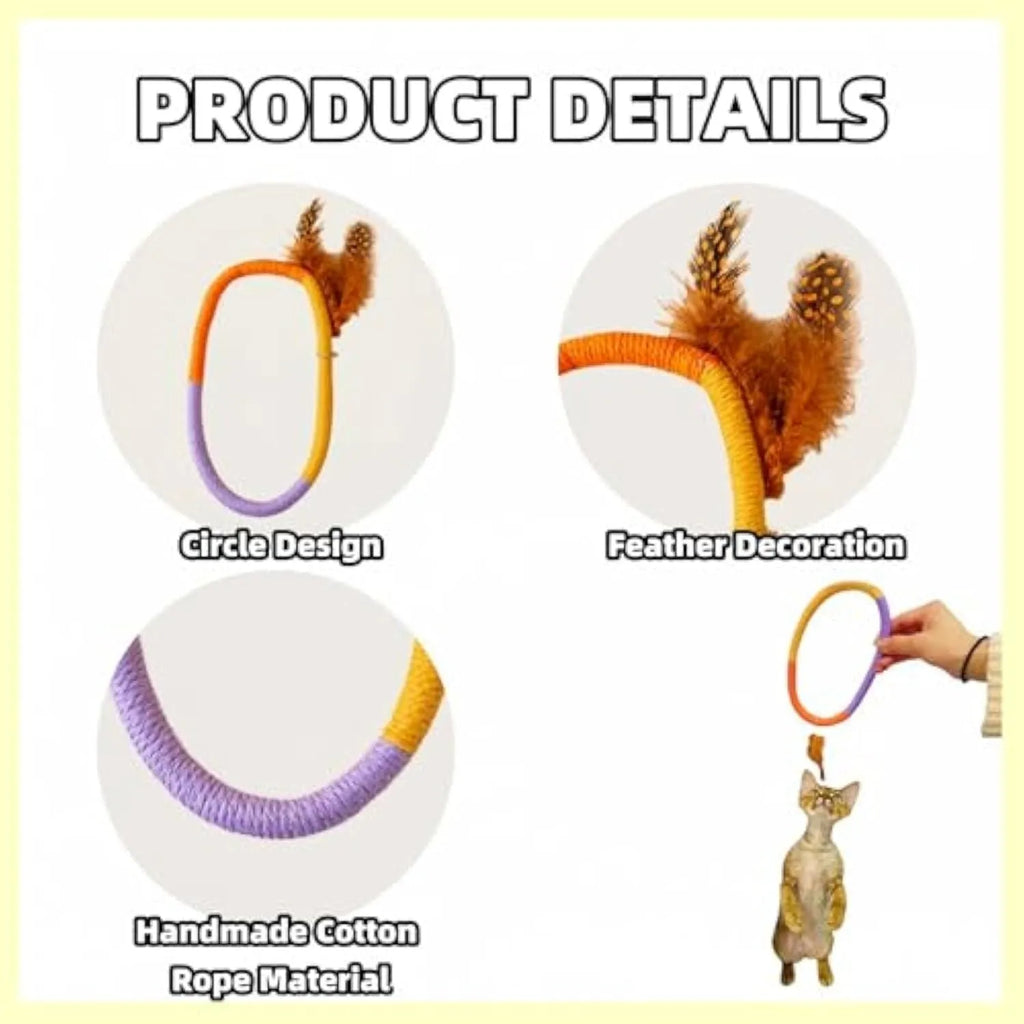 Green cotton rope circular cat toy with feathers and catnip for safe chewing and interactive play