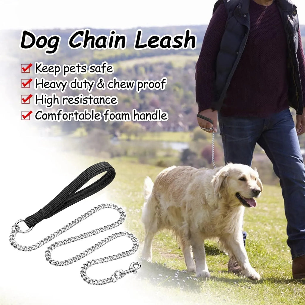 Heavy-duty metal dog leash with soft padded handle, 120cm chew-proof chain for large and medium dogs