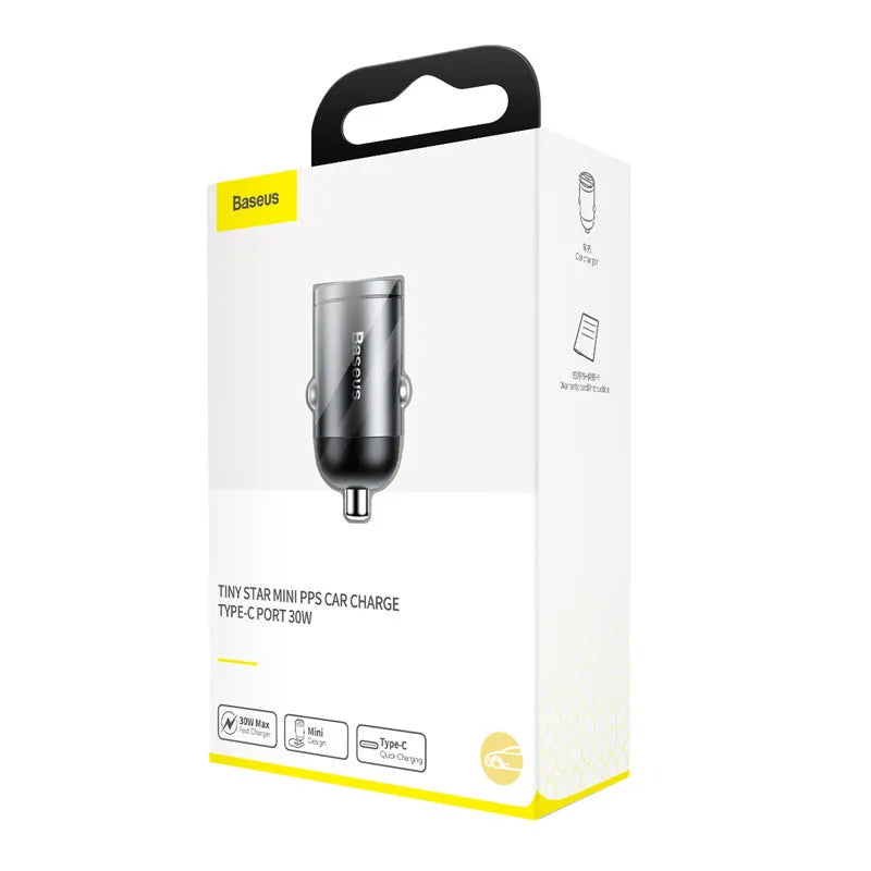 Baseus electro-optical grey 30W PPS fast car charger with 1-metre USB-C cable beside car 12V socket
