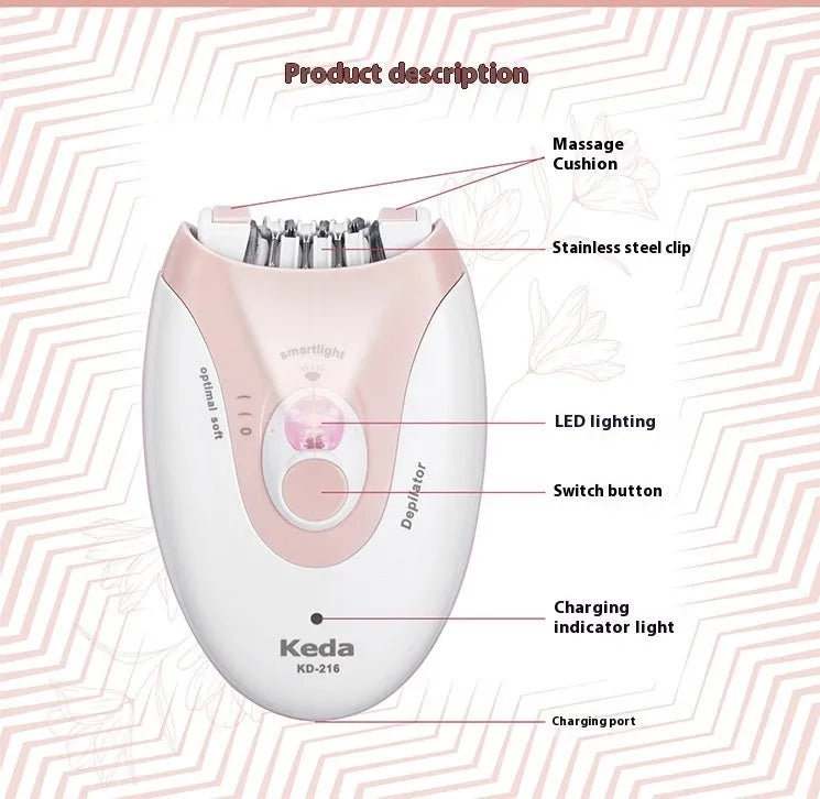 Portable USB electric hair removal device in KEDA-216 colour with brush and charger
