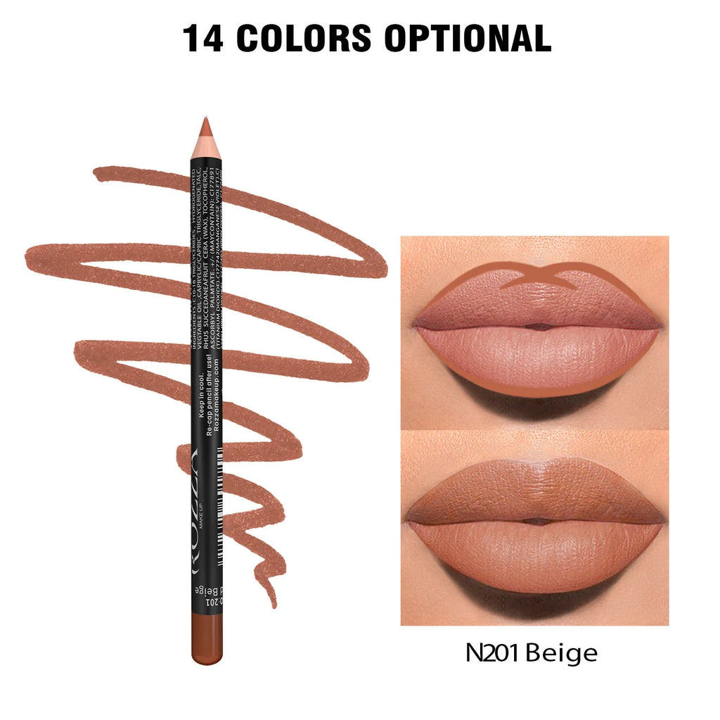 A wood-cased matte lip liner pencil shown with 14 colour shade options from 201 to 214.