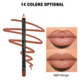 A wood-cased matte lip liner pencil shown with 14 colour shade options from 201 to 214.