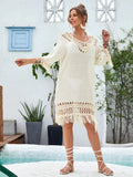 Women's apricot hand-crocheted beach dress with polyester lining for swimming activities