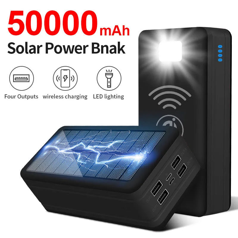 Solar wireless power bank in black with orange accents, showing solar panel and dimensions.