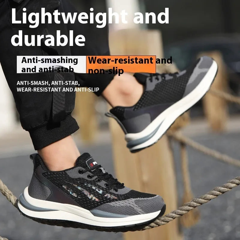 Men's black grey electrician safety shoes with plastic toe cap and lace closure