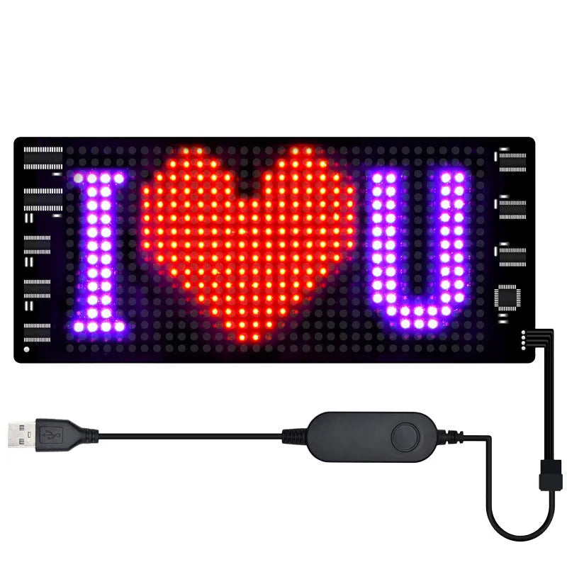 Ultra-thin programmable full-colour LED car display screen showing custom text, flexible circuit board.
