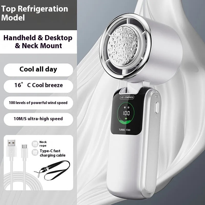 A portable neck fan with a USB port and adjustable speed settings, shown in a choice of colours.