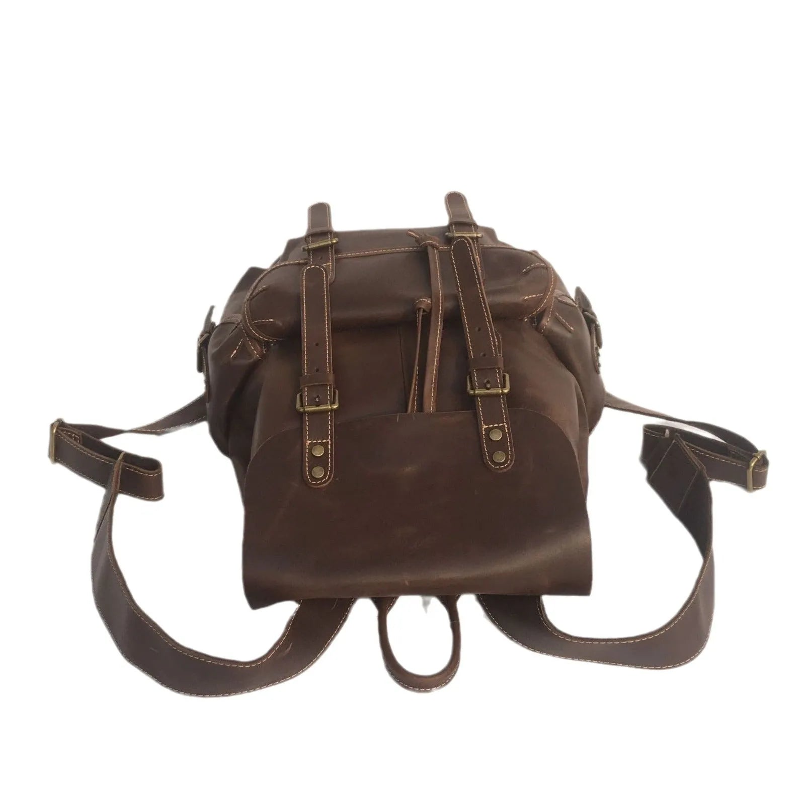 Brown men's genuine cowhide leather backpack with air pillow belt straps.
