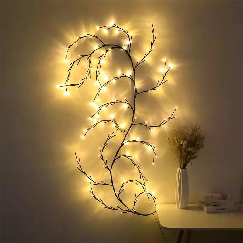 Flexible willow vine Christmas garland lights with white birch bark texture and 144 warm white LEDs
