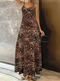 Dark brown leopard print sleeveless dress with adjustable shoulder straps and mid-waist hip skirt design