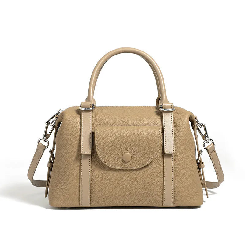 Genuine leather ladies' handbag in elephant grey with contrast stitching and lock detail, 27x12x20cm