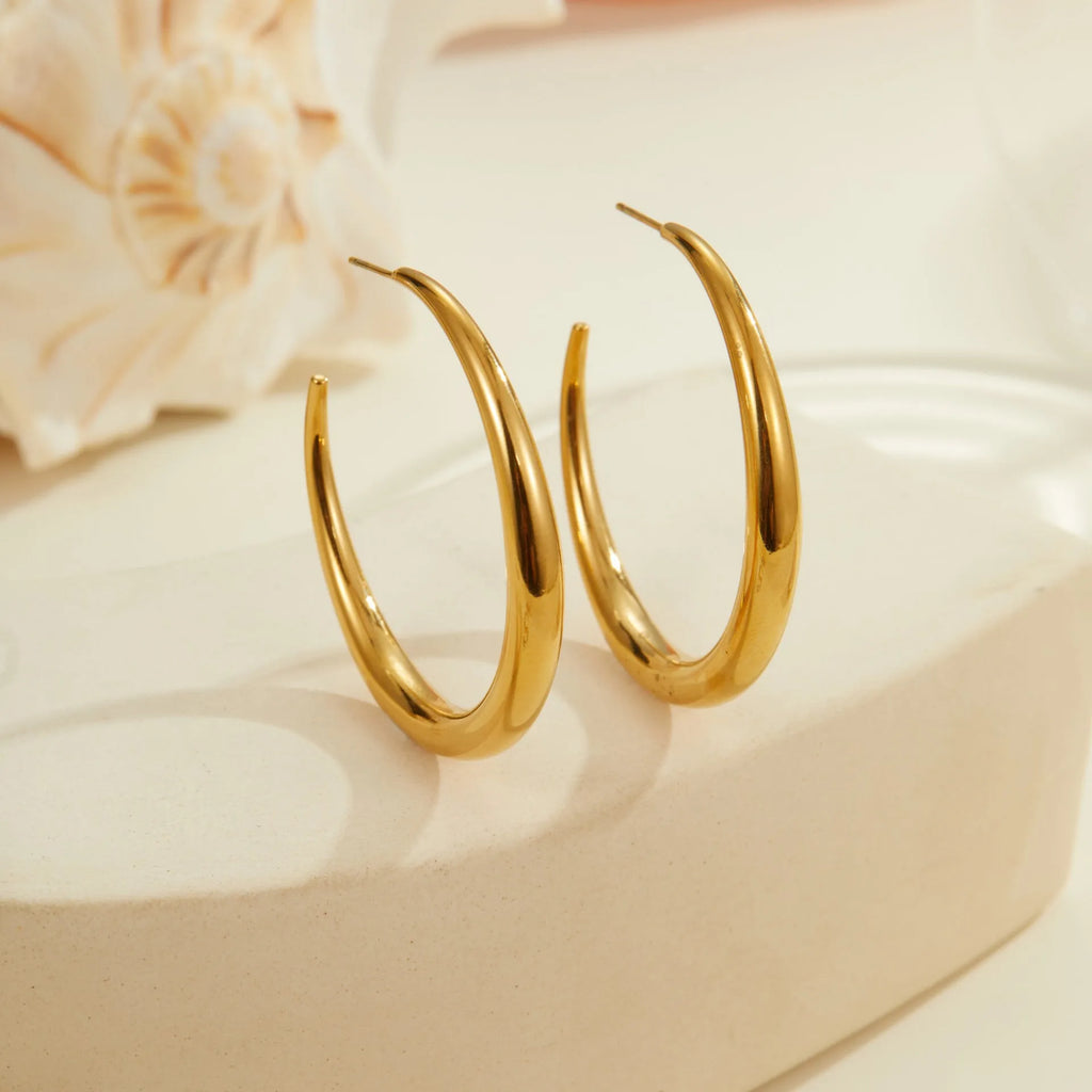 Gold and steel coloured titanium steel hoop earrings for women in large and small sizes.