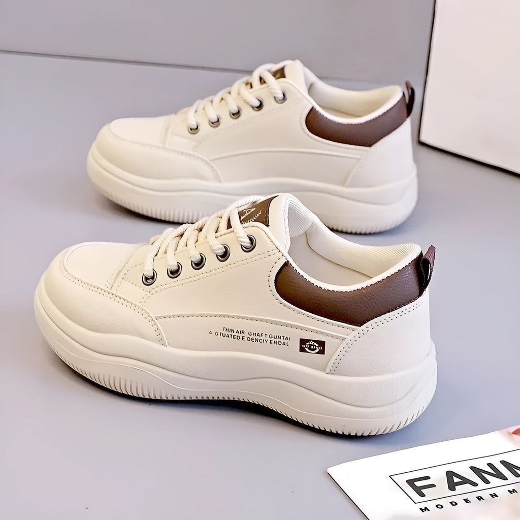 Women's Korean-style leather white shoes with cross straps, 3-5cm heel, and rubber soles