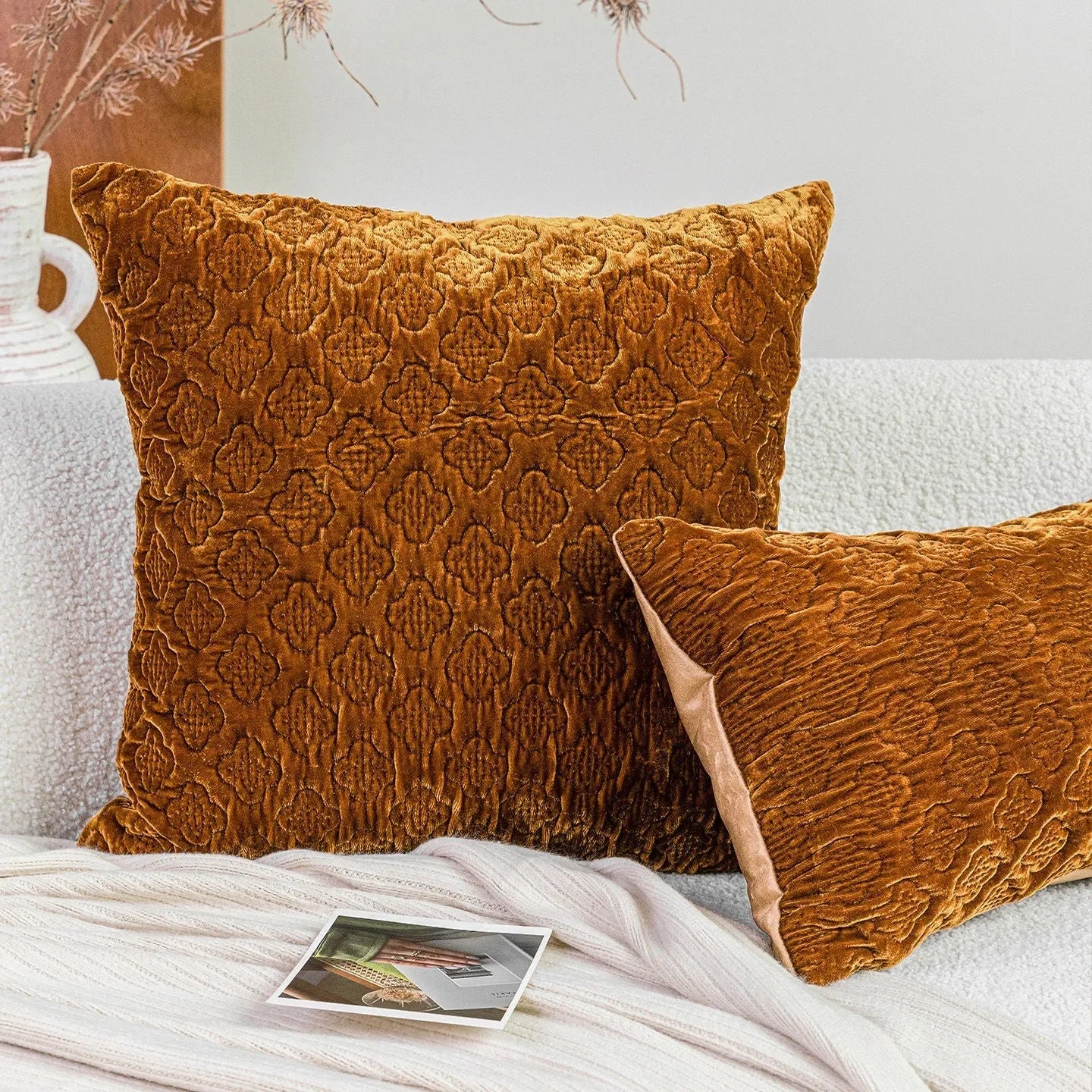 Brown gold antique Chinese-style cushion with three-dimensional quilted pattern on plum cotton fabric