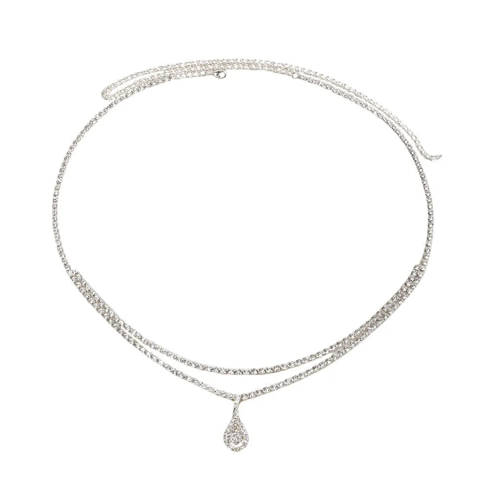 Gold adjustable waist chain with rhinestone water drop pendant and lobster clasp on mannequin