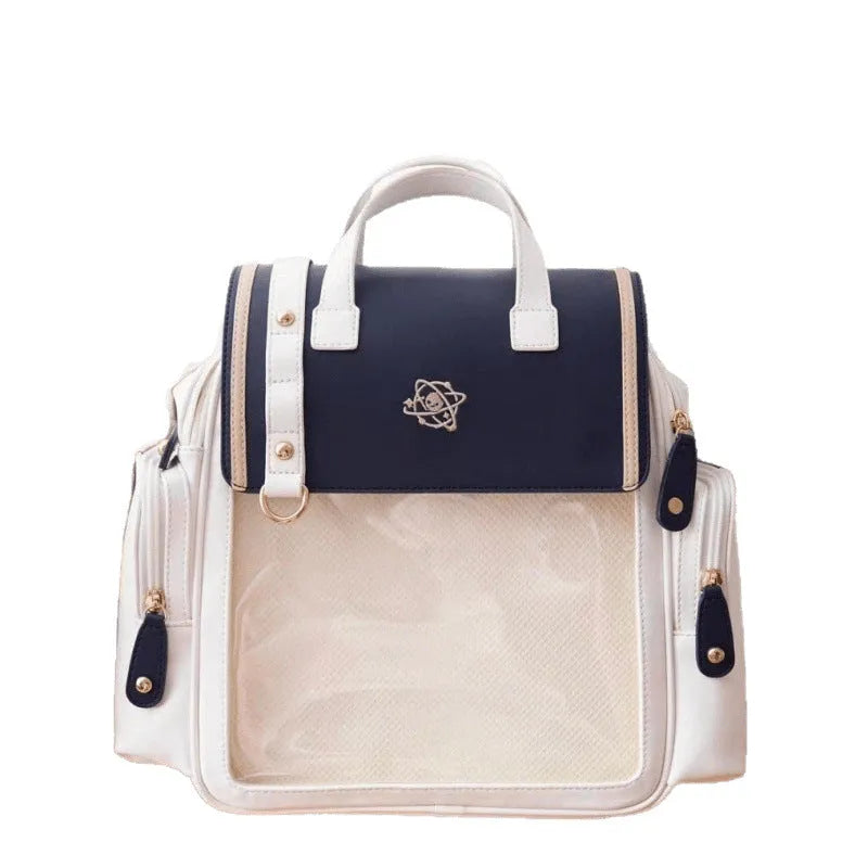 Japanese style transparent colour backpack in blue or brown with soft polyester body, sandwich pocket, and transparent rubber plate.