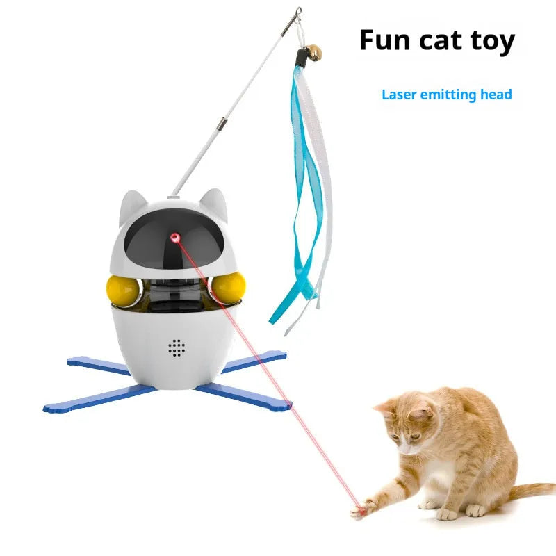 White automatic rotating cat toy with elastic rope and fluffy ball extended during operation