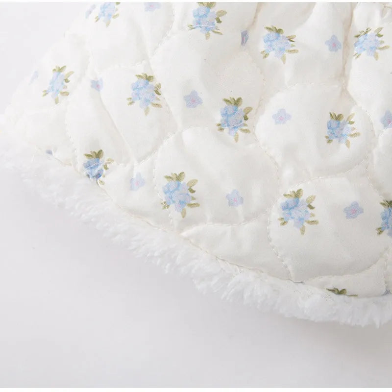 White thick dog dress with large bow, flower print and flannel lining for small dogs