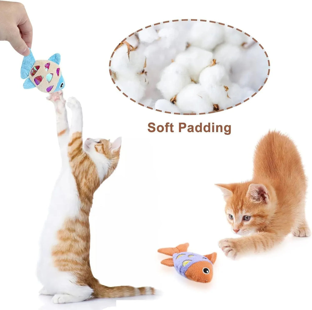 Two fish-shaped catnip plush toys with crinkle paper sound layer in blue, orange, and pink colour options