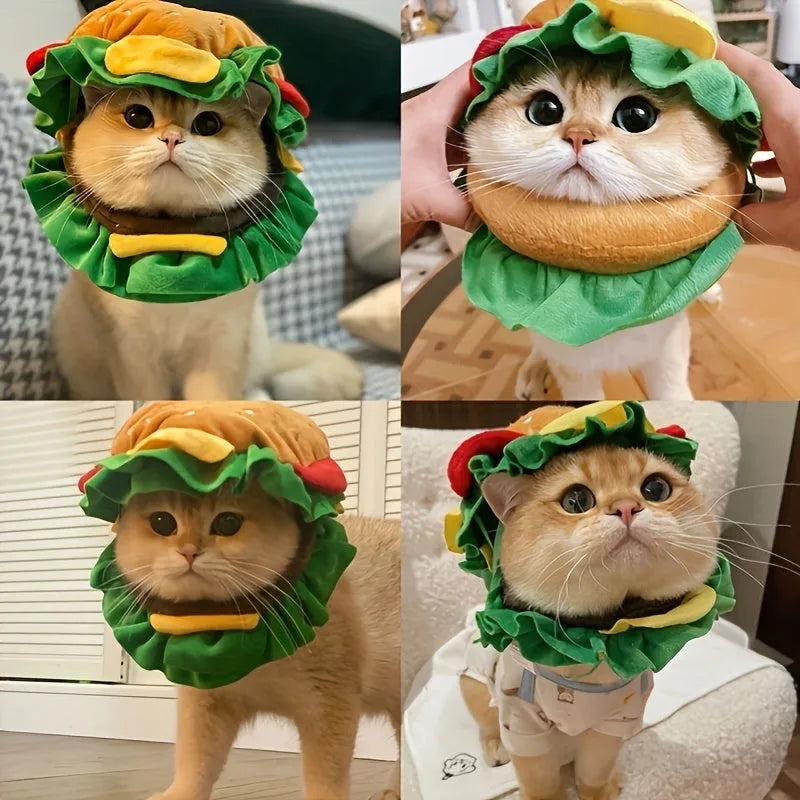 Adjustable cat burger headdress collar with lettuce, cheese, and patty felt layers on soft fabric