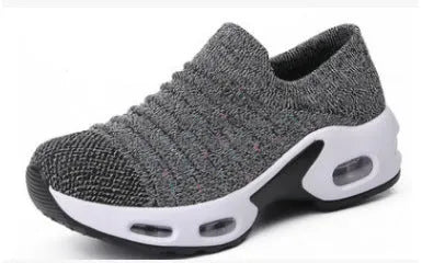 Women's plus size fly-knit sock shoes in stretch mesh material with low heel and round toe