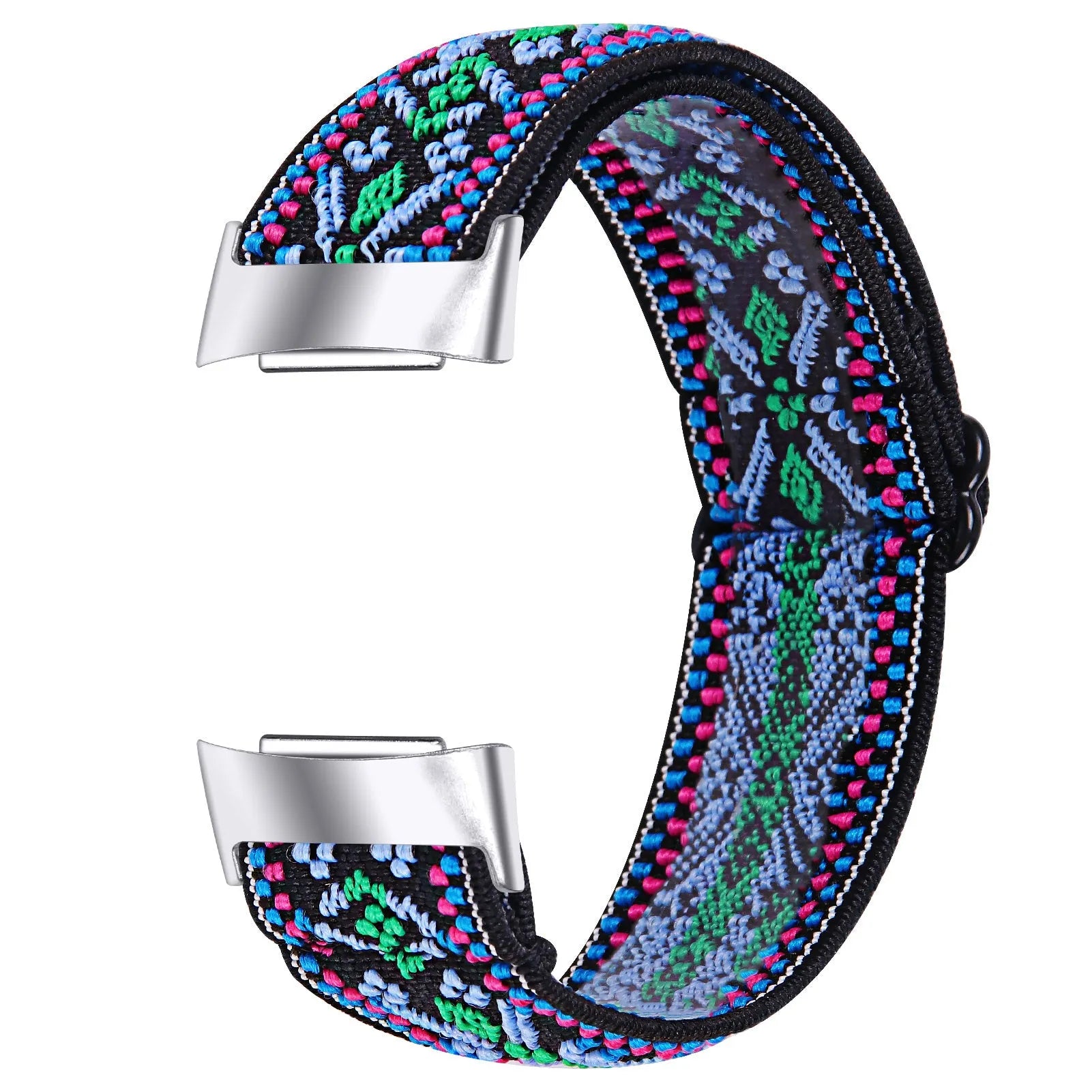 Adjustable printed elastic watch strap compatible with Fitbit Charge 6, shown in a vibrant colour design.