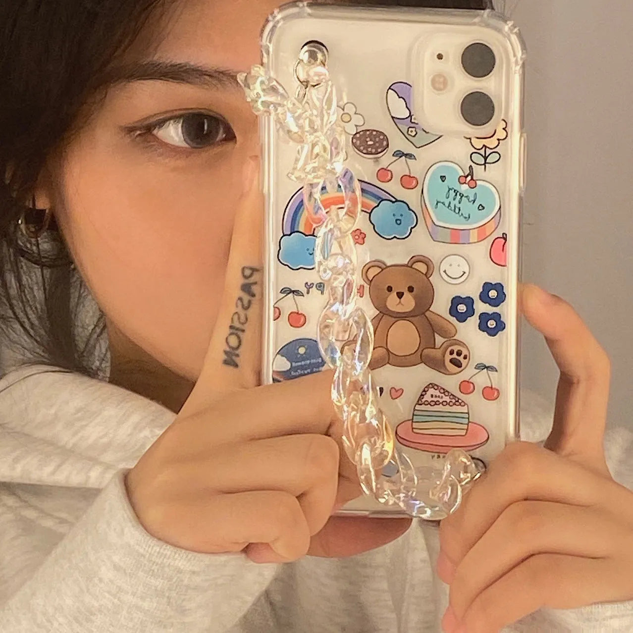 Bear chain protective iPhone case with cartoon design for multiple iPhone models