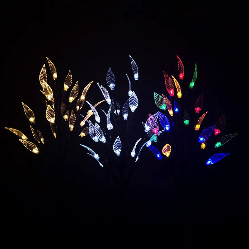 Set of three solar-powered leaf-shaped branch lights for garden decoration, 73cm long.
