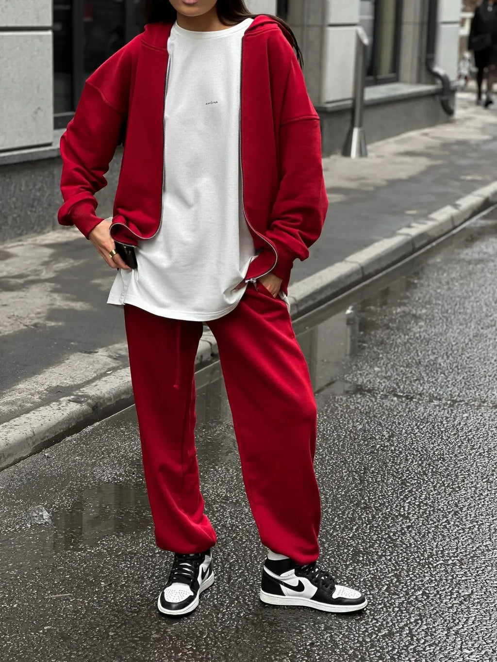 Red loose-fit long sleeve coat and trousers street style two-piece set on a hanger
